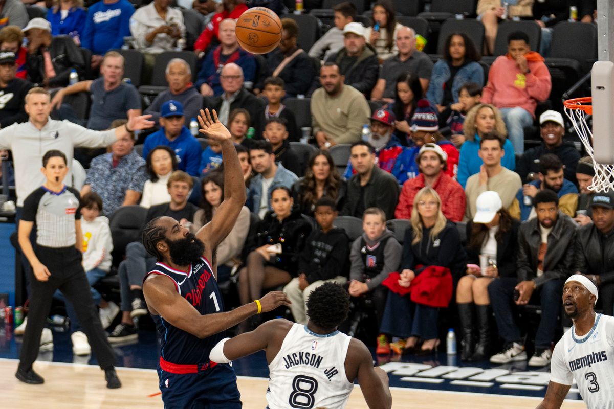 Los Angeles Clippers guard James Harden (1) scores the floater during an NBA basketball game against the Memphis Grizzlies, Monday December 15th, 2025 in Los Angeles, California. Los Angeles Clippers guard James Harden (1) scores the floater during an NBA basketball game against the Memphis Grizzlies, Monday December 15th, 2025 in Los Angeles, California.