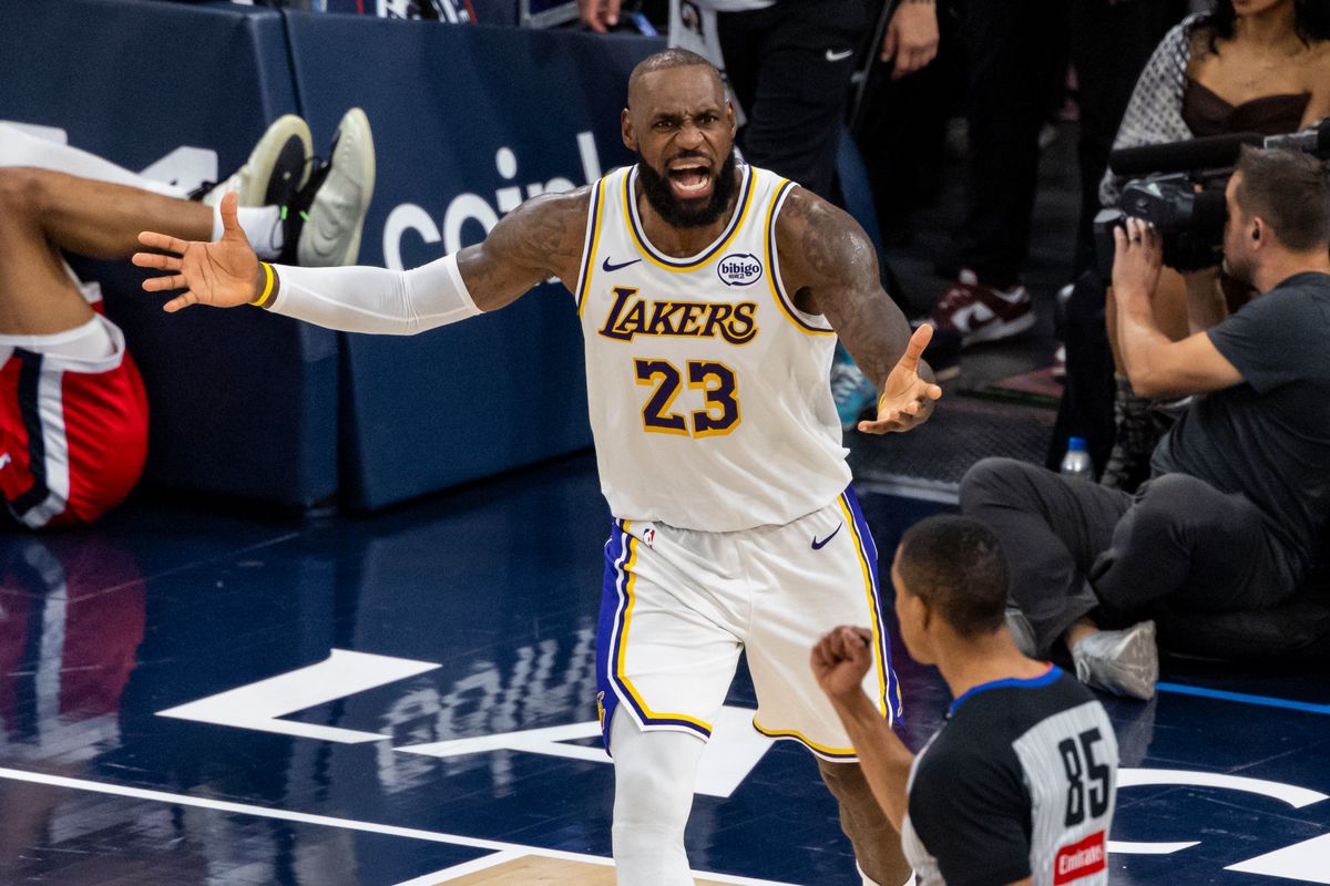 LeBron James #23 of the Los Angeles Lakers questions a call during an NBA basketball game against the LA Clippers, Saturday December 20, 2025 in Inglewood, Calif.