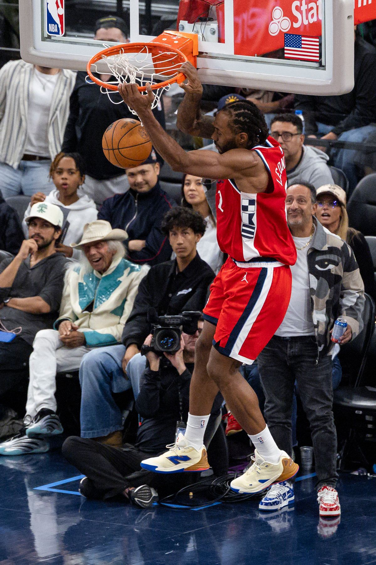 Kawhi Leonard #2 of the LA Clippers dunks the ball during an NBA basketball game against the LA Clippers, Saturday December 20, 2025 in Inglewood, Calif.