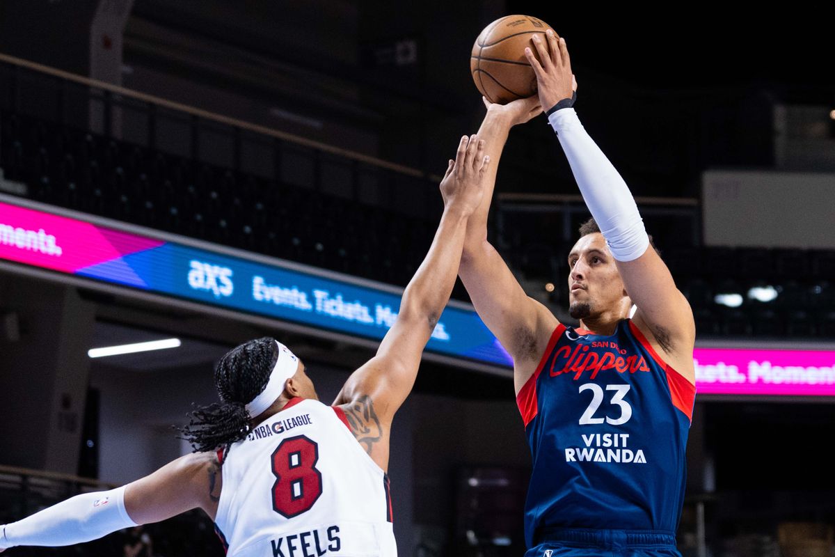San Diego Clippers forward Patrick Baldwin (23) shoots over Sioux Falls guard Trevor Keels (8) during a NBA G League Basketball game between Sioux Falls and San Diego, Sunday December 28, 2025 at Frontwave Arena in Oceanside, Calif.