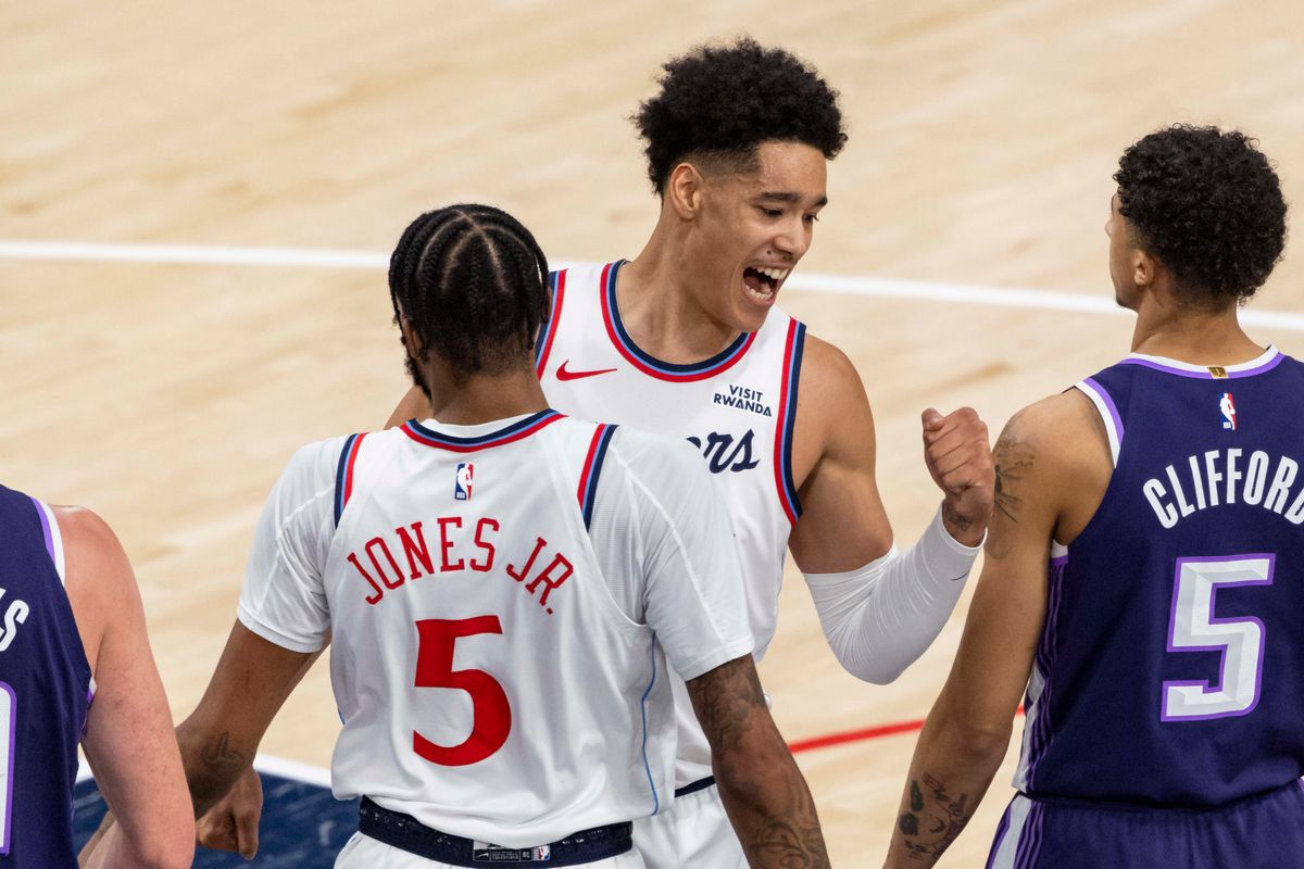 Yanic Konan Niederhauser #14 celebrates with Derrick Jones Jr. #5 of the LA Clippers during an NBA basketball game against the Sacramento Kings, Tuesday December 30, 2025 in Inglewood, Calif. Yanic Konan Niederhauser #14 celebrates with Derrick Jones Jr. #5 of the LA Clippers during an NBA basketball game against the Sacramento Kings, Tuesday December 30, 2025 in Inglewood, Calif.