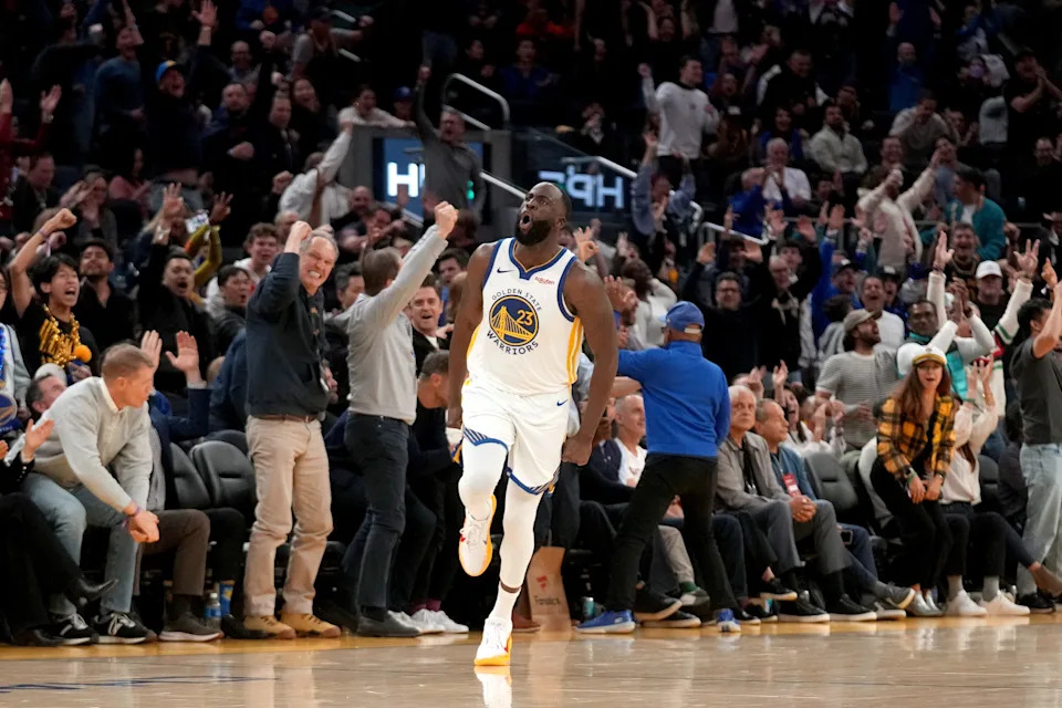 Dec 2, 2025; San Francisco, California, USA; Golden State Warriors forward Draymond Green (23) reacts after making a three point basket against the Oklahoma City Thunder in the fourth quarter at the Chase Center. Mandatory Credit: Cary Edmondson-Imagn Images