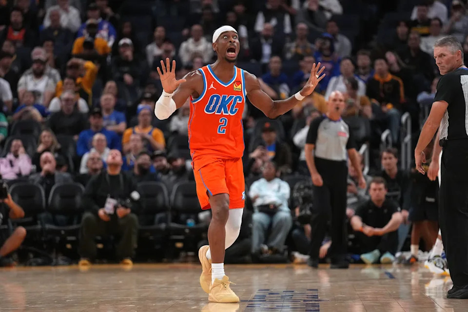 Dec 2, 2025; San Francisco, California, USA; Oklahoma City Thunder guard Shai Gilgeous-Alexander (2) reacts after the ball went out of bounds against the Golden State Warriors in the fourth quarter at the Chase Center. Mandatory Credit: Cary Edmondson-Imagn Images