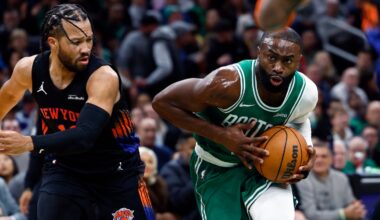 The Celtics' Jaylen Brown (right) was locked in Tuesday playing against Jalen Brunson and the Knicks, making 16 of 24 shots.