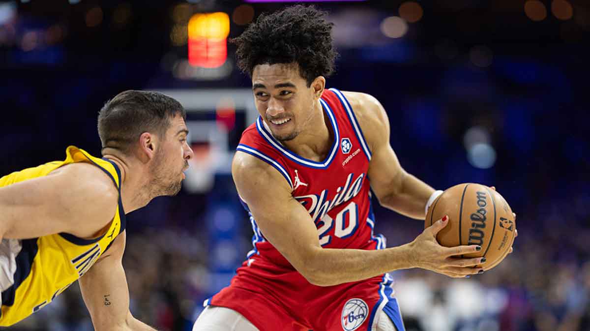 Philadelphia 76ers guard Jared McCain (20) and Indiana Pacers guard T.J. McConnell (9) in action at Wells Fargo Center.