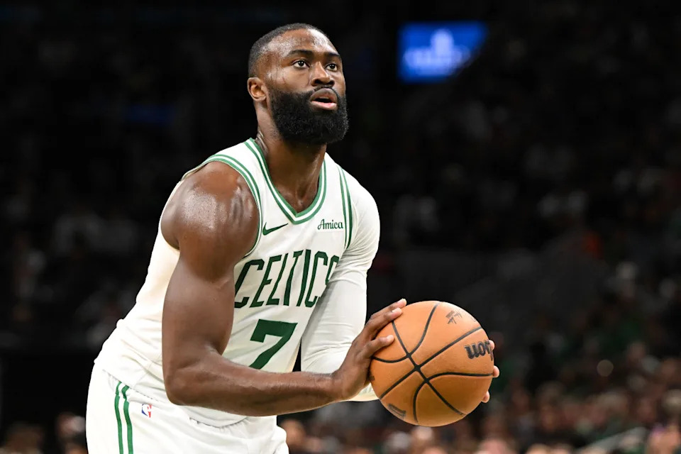 Boston Celtics star Jaylen Brown (7) during an NBA game. © Brian Fluharty-Imagn Images