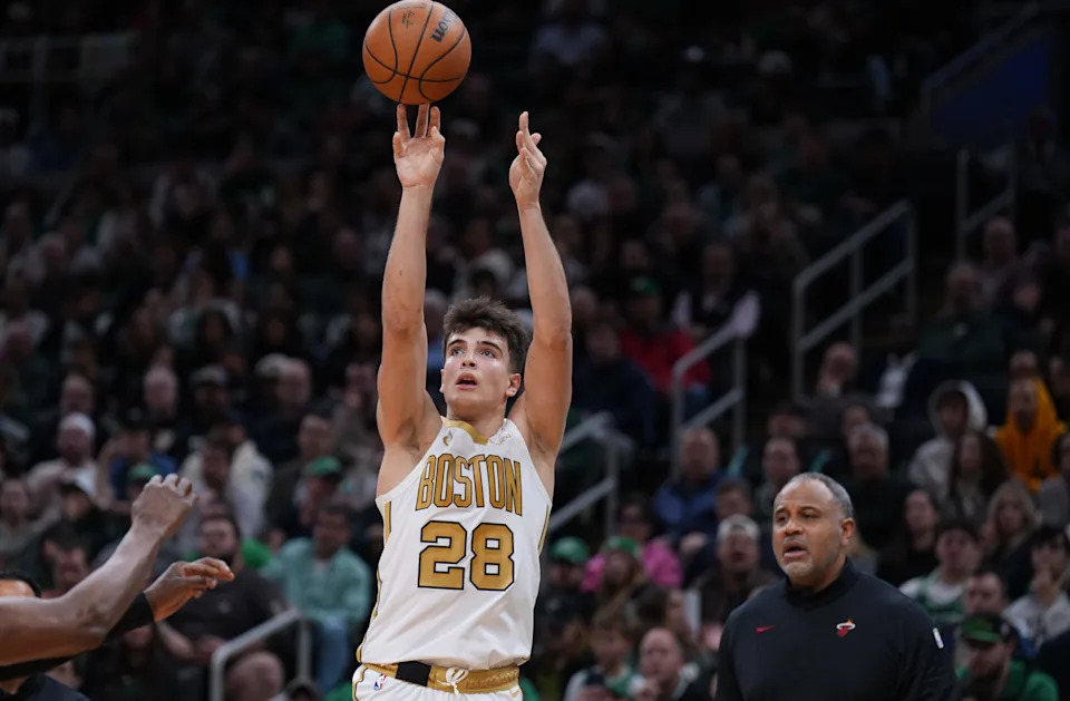 Dec 19, 2025; Boston, Massachusetts, USA; Boston Celtics guard Hugo Gonzalez (28) shoots for three points against the Miami Heat in the second half at TD Garden. Mandatory Credit: David Butler II-Imagn Images