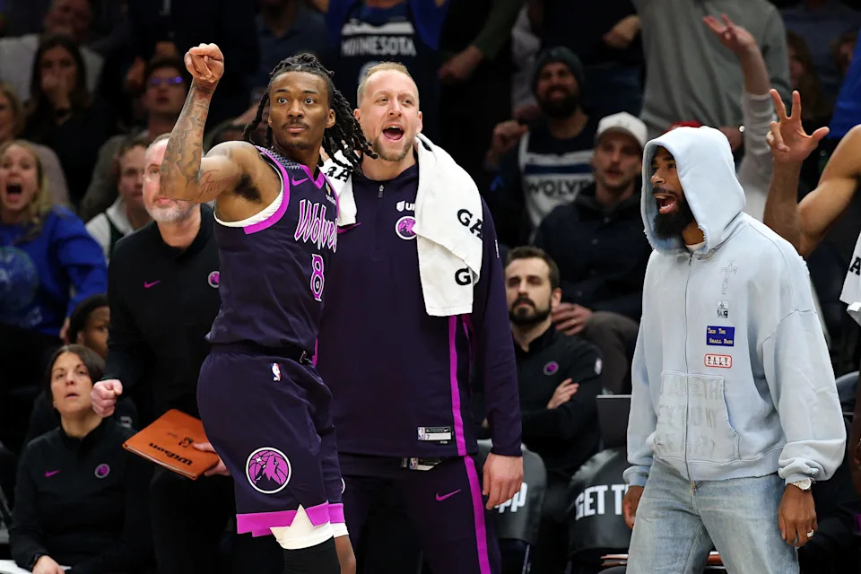 MINNEAPOLIS, MINNESOTA - DECEMBER 19: Bones Hyland #8 of the Minnesota Timberwolves reacts to his three-point basket against the Oklahoma City Thunder in the second quarter at Target Center on December 19, 2025 in Minneapolis, Minnesota. NOTE TO USER: User expressly acknowledges and agrees that, by downloading and or using this photograph, User is consenting to the terms and conditions of the Getty Images License Agreement. (Photo by David Berding/Getty Images)