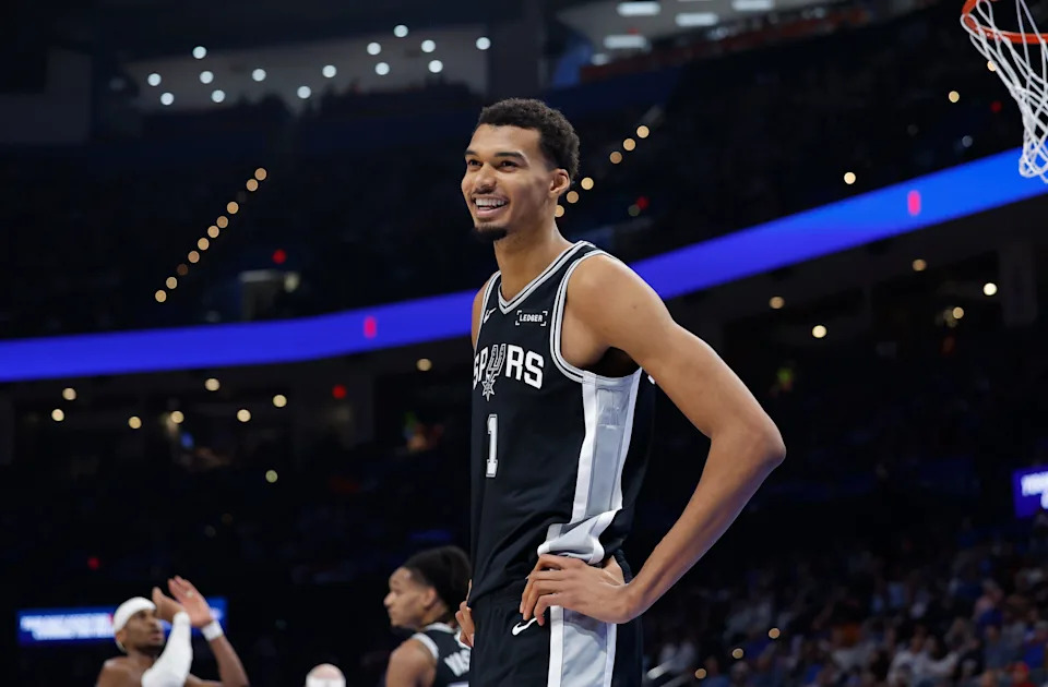 Dec 25, 2025; Oklahoma City, Oklahoma, USA; San Antonio Spurs forward Victor Wembanyama (1) smiles after a play against the Oklahoma City Thunder during the second half at Paycom Center. Mandatory Credit: Alonzo Adams-Imagn Images