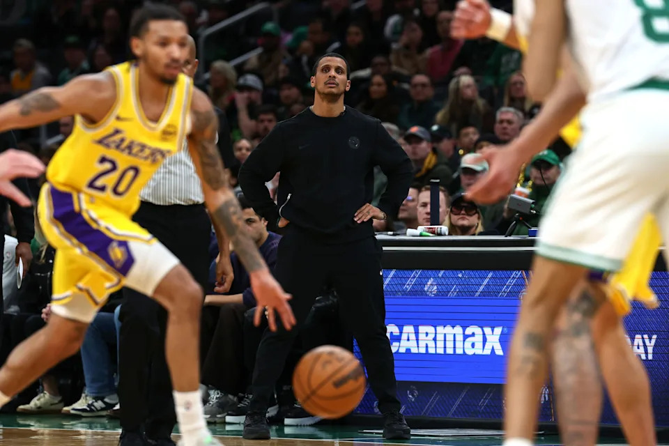 Dec 5, 2025; Boston, Massachusetts, USA; Boston Celtics head coach Joe Mazzulla looks on during the first half against the Los Angeles Lakers at TD Garden. Mandatory Credit: Winslow Townson-Imagn Images