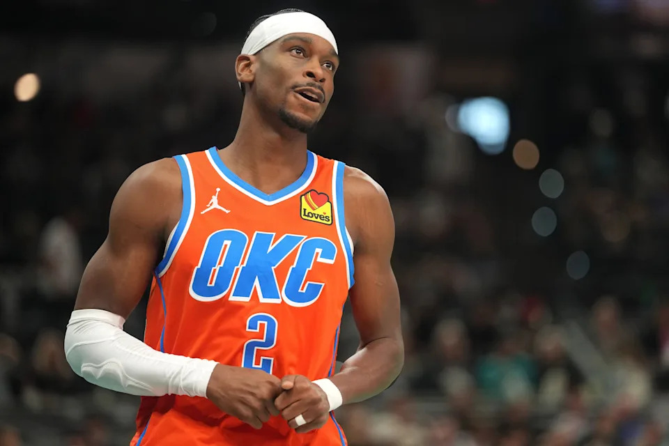 Dec 23, 2025; San Antonio, Texas, USA; Oklahoma City Thunder guard Shai Gilgeous-Alexander (2) holds his finger during the first half against the San Antonio Spurs at Frost Bank Center. Mandatory Credit: Scott Wachter-Imagn Images