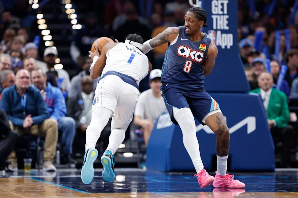 Dec 5, 2025; Oklahoma City, Oklahoma, USA; Oklahoma City Thunder guard Jalen Williams (8) defends a drive by Dallas Mavericks guard Jaden Hardy (1) during the second half at Paycom Center. Mandatory Credit: Alonzo Adams-Imagn Images