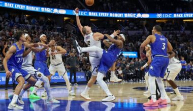ORLANDO: Wendell Carter Jr. #34 of the Orlando Magic fouls Nikola Jokic #15 of the Denver Nuggets on a jump ball in the second half of the game at Kia Center in Orlando, Florida. – AFP