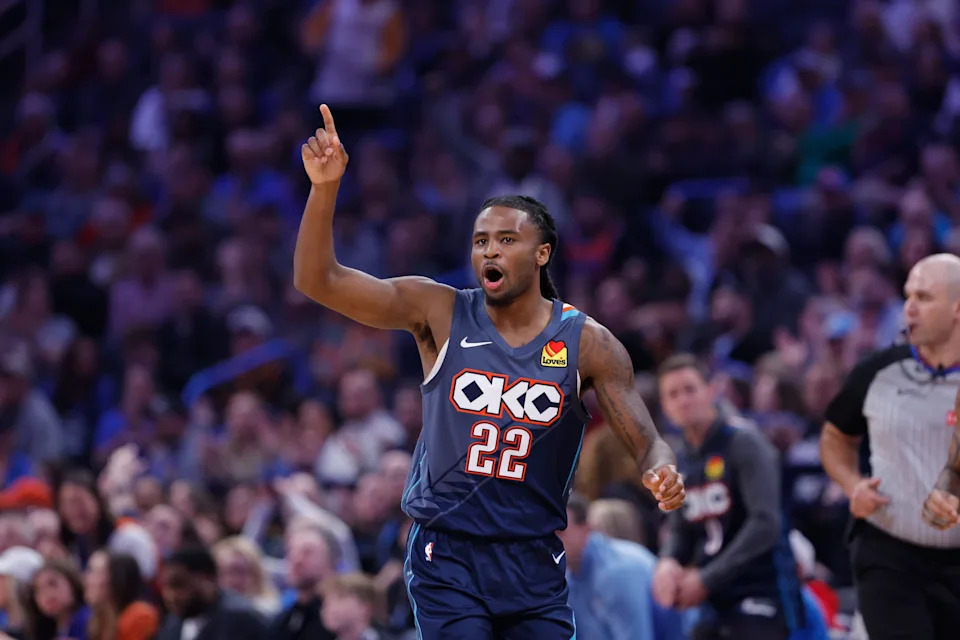 Dec 5, 2025; Oklahoma City, Oklahoma, USA; Oklahoma City Thunder guard Cason Wallace (22) gestures after scoring against the Dallas Mavericks during the second quarter at Paycom Center. Mandatory Credit: Alonzo Adams-Imagn Images