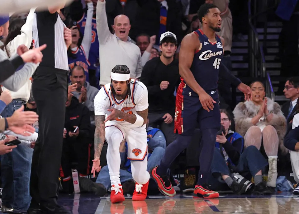 New York Knicks guard Jordan Clarkson #00 reacts after he hits a three-point shot during the fourth quarter. Charles Wenzelberg / New York Post