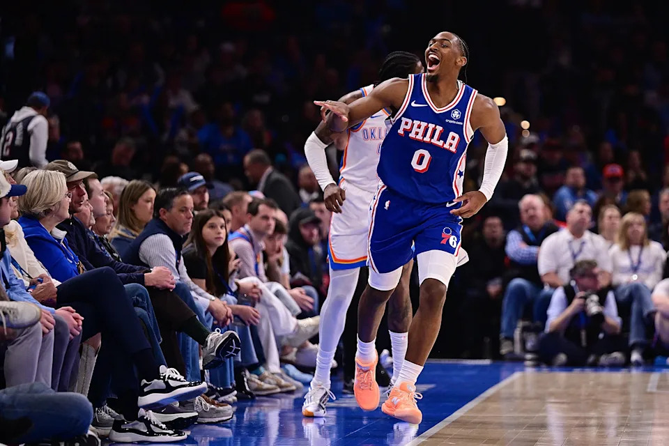 OKLAHOMA CITY, OKLAHOMA - DECEMBER 28: Tyrese Maxey #0 of the Philadelphia 76ers reacts after a made basket during the first half against the Oklahoma City Thunder at Paycom Center on December 28, 2025 in Oklahoma City, Oklahoma. NOTE TO USER: User expressly acknowledges and agrees that, by downloading and or using this photograph, User is consenting to the terms and conditions of the Getty Images License Agreement. (Photo by Joshua Gateley/Getty Images)