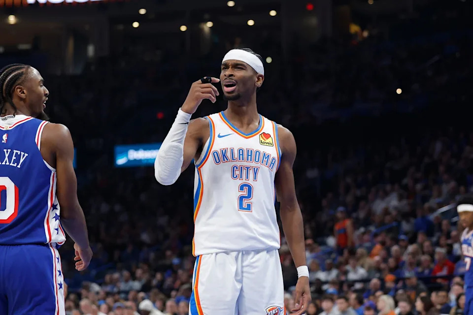 Dec 28, 2025; Oklahoma City, Oklahoma, USA; Oklahoma City Thunder guard Shai Gilgeous-Alexander (2) reacts after a play against the Philadelphia 76ers during the second quarter at Paycom Center. Mandatory Credit: Alonzo Adams-Imagn Images