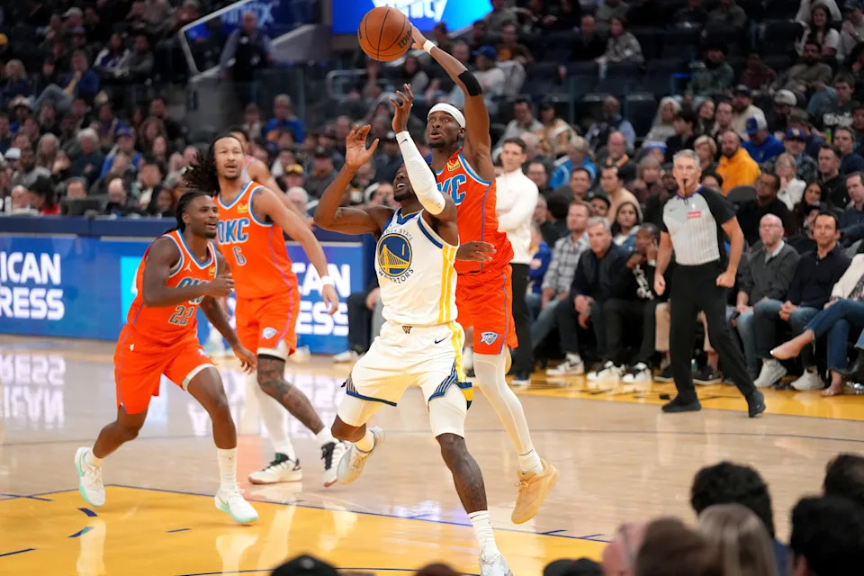 Dec 2, 2025; San Francisco, California, USA; Oklahoma City Thunder guard Shai Gilgeous-Alexander (2) knocks the ball out of the hands of Golden State Warriors forward Jonathan Kuminga (1) in the second quarter at the Chase Center. Mandatory Credit: Cary Edmondson-Imagn Images