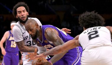 Leaky Lakers’ NBA Cup charge collapses in 132-119 loss to Spurs