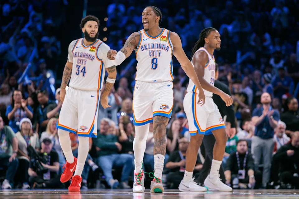OKLAHOMA CITY, OKLAHOMA - DECEMBER 25: Jalen Williams #8 of the Oklahoma City Thunder reacts after a play during the second half against the San Antonio Spurs at Paycom Center on December 25, 2025 in Oklahoma City, Oklahoma. NOTE TO USER: User expressly acknowledges and agrees that, by downloading and or using this photograph, User is consenting to the terms and conditions of the Getty Images License Agreement. (Photo by William Purnell/Getty Images)