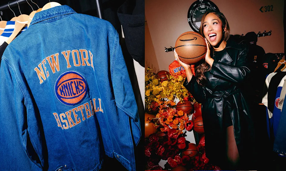 denim new york knicks jacket on a rack; jordyn woods smiling while holding amazon basketball