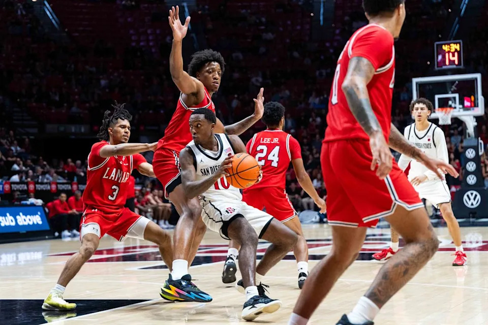 San Diego State guard BJ Davis (10) looks to pass during an NCAA Basketball game between Lamar and San Diego State, Wednesday December 10, 2025 at Viejas Arena in San Diego, Calif.