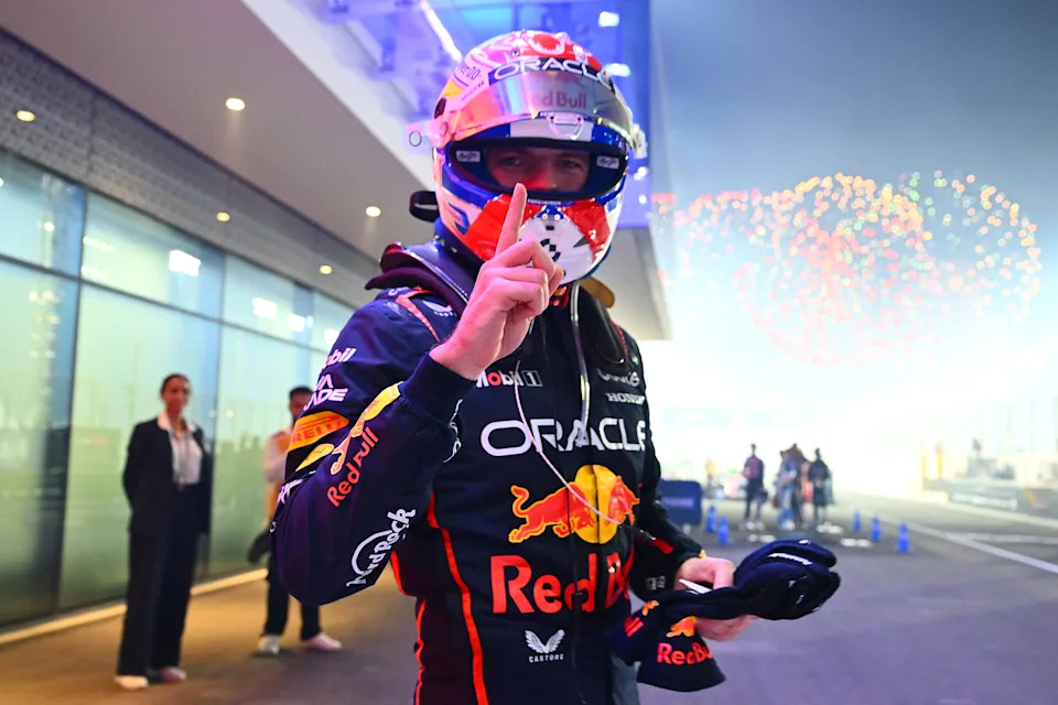 Verstappen celebrates after winning Sunday's Qatar Grand Prix. (Mark Thompson/Getty Images)