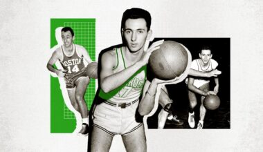Three black-and-white photographs of Boston Celtics legend Bob Cousy playing basketball. From left, he dribbles a ball while wearing a green Celtics uniform, in the middle, he holds the ball to pass it, and in the third he dribbles the ball.