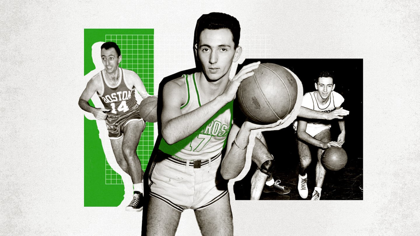 Three black-and-white photographs of Boston Celtics legend Bob Cousy playing basketball. From left, he dribbles a ball while wearing a green Celtics uniform, in the middle, he holds the ball to pass it, and in the third he dribbles the ball.