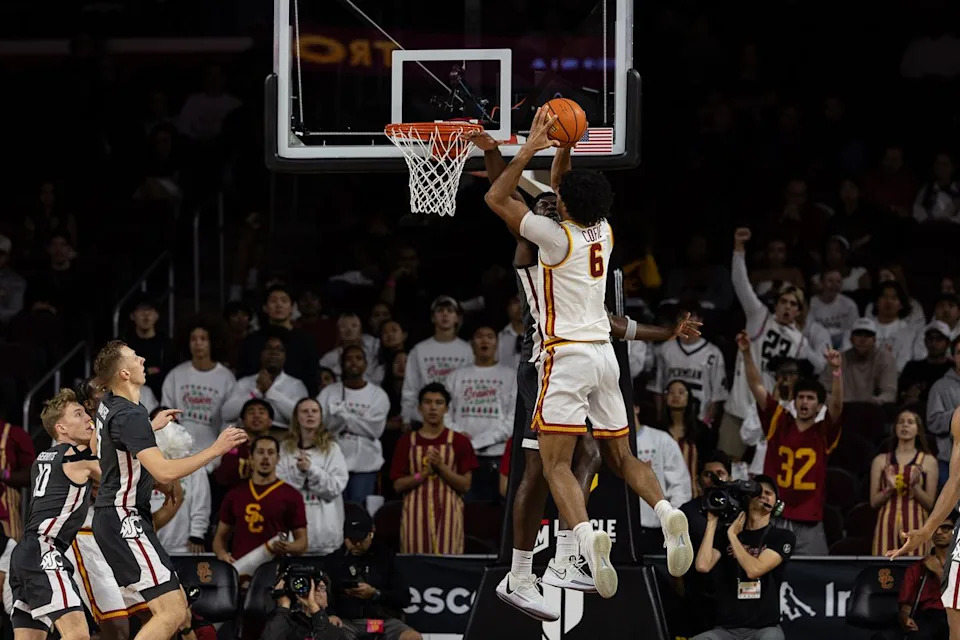USC forward Jacob Cofie (6) shoots during a Big Ten Conference college basketball game against the Washington State Cougars, Sunday December 14, 2025 in Los Angeles, Calif.