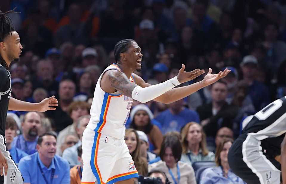 Dec 25, 2025; Oklahoma City, Oklahoma, USA; Oklahoma City Thunder guard Jalen Williams (8) reacts after a play against the San Antonio Spurs during the second quarter at Paycom Center. Mandatory Credit: Alonzo Adams-Imagn Images