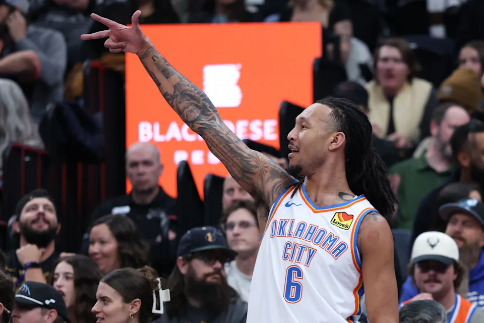 Dec 7, 2025; Salt Lake City, Utah, USA; Oklahoma City Thunder forward Jaylin Williams (6) reacts after a shot against the Utah Jazz during the first quarter at Delta Center. Mandatory Credit: Rob Gray-Imagn Images
