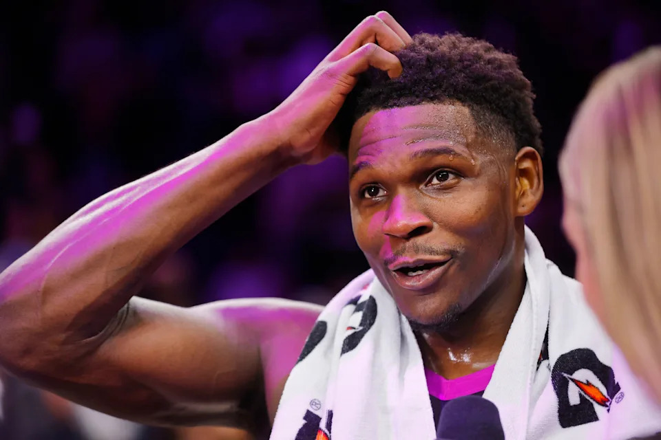 Dec 19, 2025; Minneapolis, Minnesota, USA; Minnesota Timberwolves guard Anthony Edwards (5) speaks with a reporter after the game with the Oklahoma City Thunder at Target Center. Mandatory Credit: Bruce Kluckhohn-Imagn Images