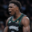Minnesota Timberwolves guard Anthony Edwards (5) celebrates his basket against the San Antonio Spurs during the second half at Target Center.