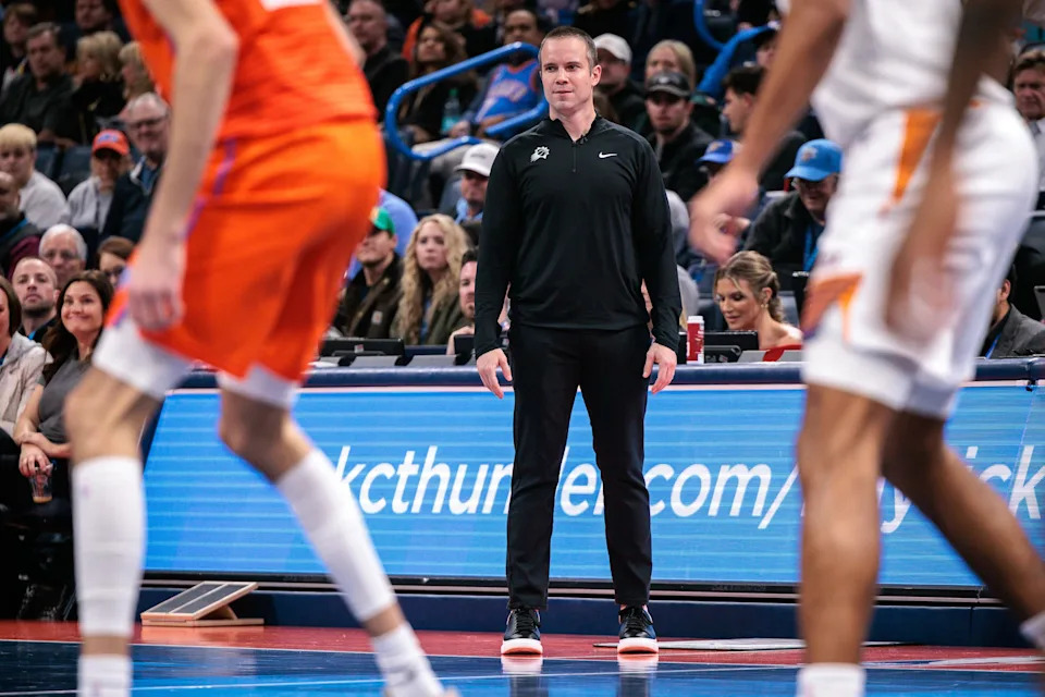 OKLAHOMA CITY, OKLAHOMA - DECEMBER 10: Head coach Jordan Ott of the Phoenix Suns watches game play during the first half of the Emirates NBA Cup - Quarterfinals game against the Oklahoma City Thunder at Paycom Center on December 10, 2025 in Oklahoma City, Oklahoma. NOTE TO USER: User expressly acknowledges and agrees that, by downloading and or using this photograph, User is consenting to the terms and conditions of the Getty Images License Agreement. (Photo by William Purnell/Getty Images)