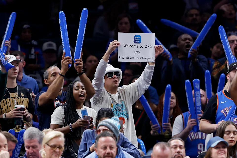 Dec 5, 2025; Oklahoma City, Oklahoma, USA; An Oklahoma City Thunder fan holds a sign during the second half of a game against the Dallas Mavericks at Paycom Center. Mandatory Credit: Alonzo Adams-Imagn Images