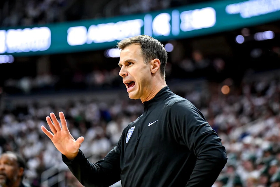 Duke's head coach Jon Scheyer calls out to players during the first half in the game against Michigan State on Saturday, Dec. 6, 2025, at the Breslin Center in East Lansing.