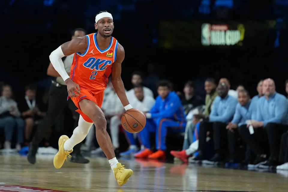 Dec 13, 2025; Las Vegas, Nevada, USA; Oklahoma City Thunder guard Shai Gilgeous-Alexander (2) brings the ball up court against the San Antonio Spurs during the first quarter at T-Mobile Arena. Mandatory Credit: Kirby Lee-Imagn Images