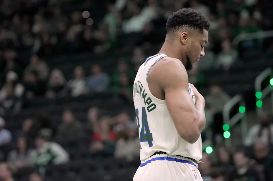 Bucks forward Giannis Antetokounmpo takes a moment before a game against the Brooklyn Nets on Nov. 29 at Fiserv Forum.