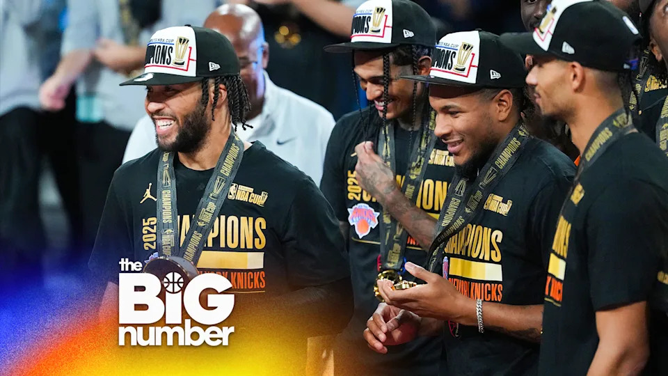New York Knicks guard Jalen Brunson holds the MVP trophy after winning the Emirates NBA Cup Final at T-Mobile Arena. Credit: Kirby Lee-Imagn Images