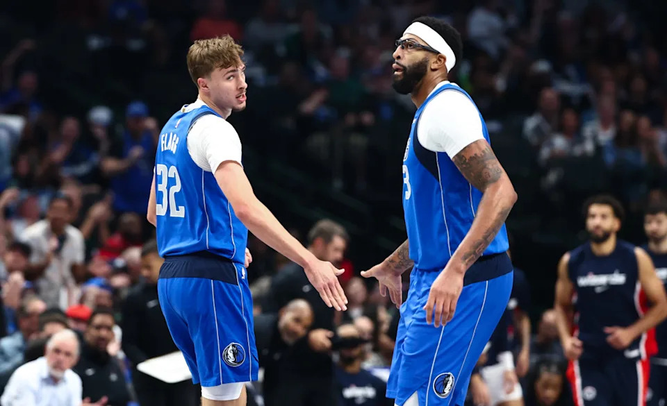 Dallas Mavericks forward Cooper Flagg (32) celebrates with Dallas Mavericks forward Anthony Davis (3)Kevin Jairaj-Imagn Images