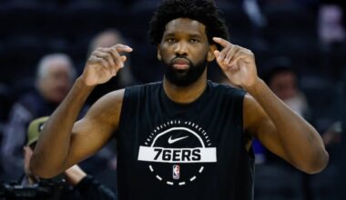 Sixers center Joel Embiid prepares to warm up before the Sixers play the Atlanta Hawks on Sunday, November 30, 2025 in Philadelphia.