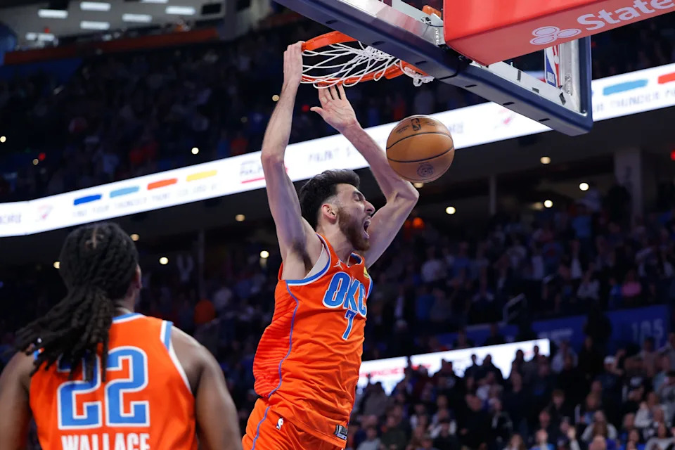 Dec 29, 2025; Oklahoma City, Oklahoma, USA; Oklahoma City Thunder center Chet Holmgren (7) dunks against the Atlanta Hawks during the second half at Paycom Center. Mandatory Credit: Alonzo Adams-Imagn Images