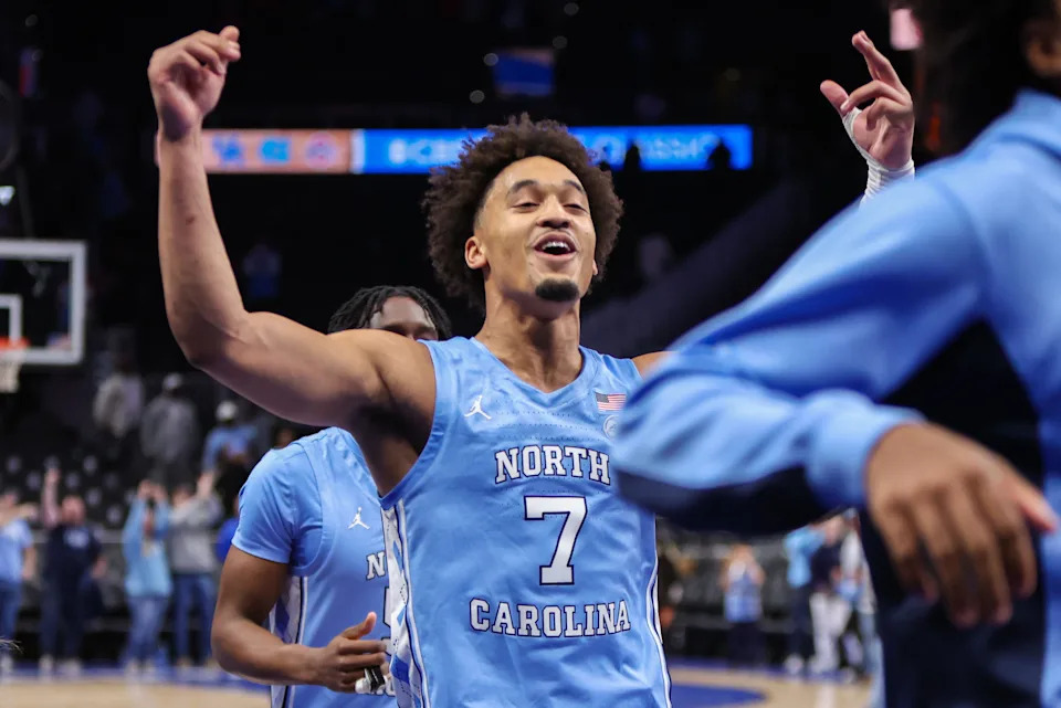 Dec 20, 2025; Atlanta, Georgia, USA; North Carolina Tar Heels guard Seth Trimble (7) celebrates after a victory over the Ohio State Buckeyes at State Farm Arena. Mandatory Credit: Brett Davis-Imagn Images