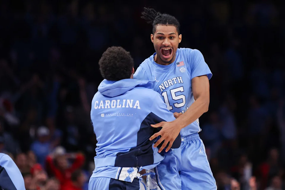 Dec 20, 2025; Atlanta, Georgia, USA; North Carolina Tar Heels forward Jarin Stevenson (15) celebrates after a victory over the Ohio State Buckeyes at State Farm Arena. Mandatory Credit: Brett Davis-Imagn Images