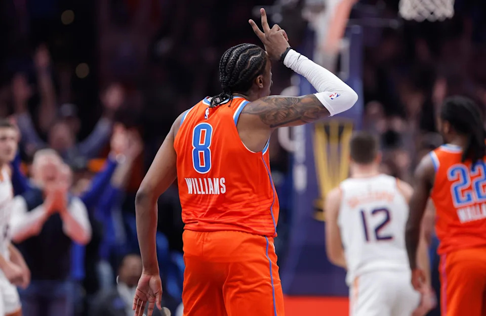 Dec 10, 2025; Oklahoma City, Oklahoma, USA; Oklahoma City Thunder guard Jalen Williams (8) gestures after scoring against the Phoenix Suns during the second quarter at Paycom Center. Mandatory Credit: Alonzo Adams-Imagn Images