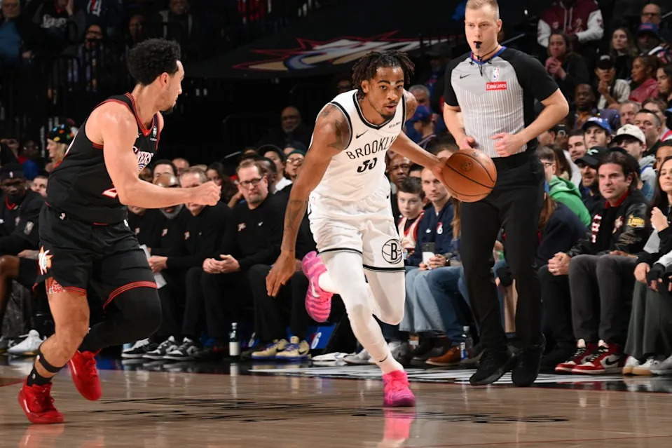 Nic Claxton of the Brooklyn Nets dribbles the ball during the game against the Philadelphia 76ers on December, 23, 2025 at the Wells Fargo Center. NBAE via Getty Images