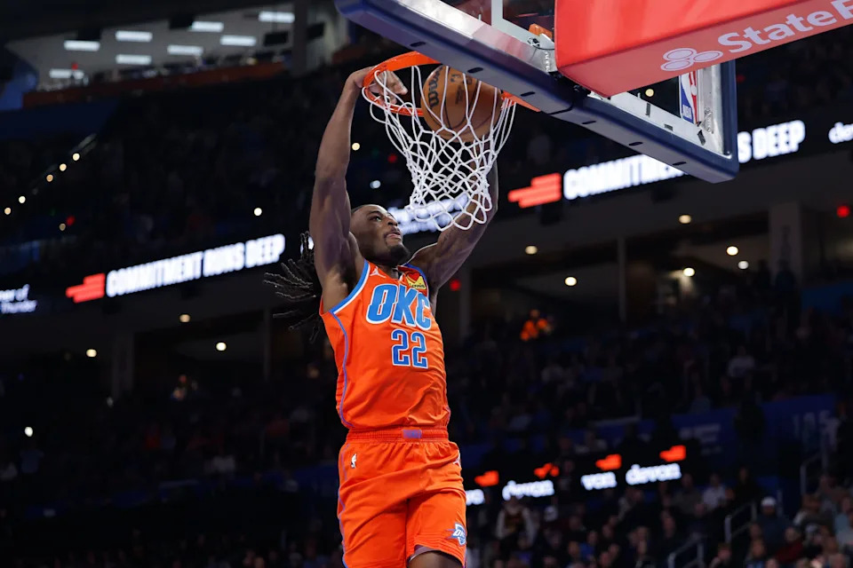 Dec 29, 2025; Oklahoma City, Oklahoma, USA; Oklahoma City Thunder guard Cason Wallace (22) dunks against the Atlanta Hawks during the second half at Paycom Center. Mandatory Credit: Alonzo Adams-Imagn Images