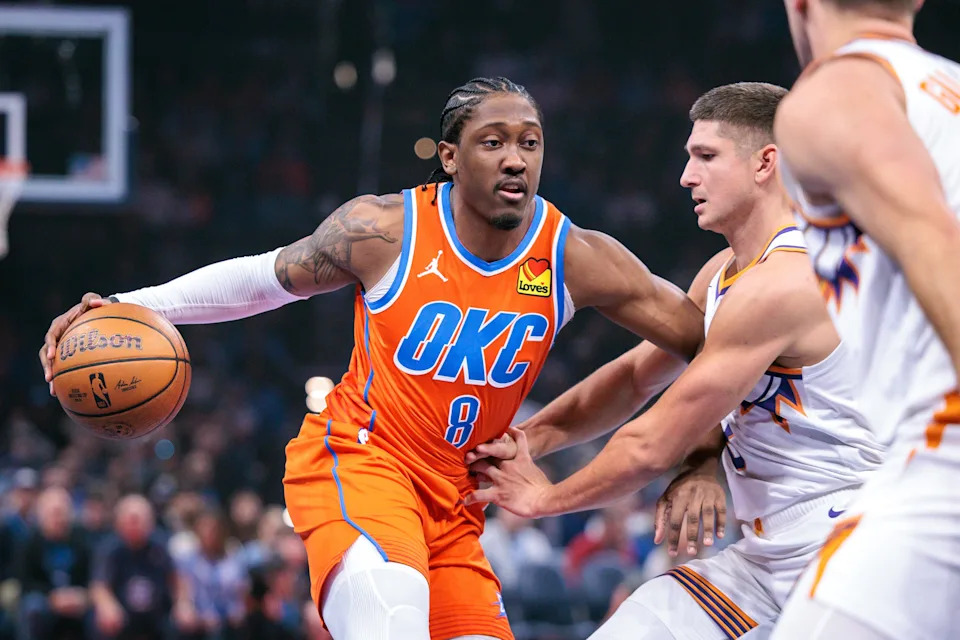 OKLAHOMA CITY, OKLAHOMA - DECEMBER 10: Jalen Williams #8 of the Oklahoma City Thunder drives to the basket during the first half of the Emirates NBA Cup - Quarterfinals game at Paycom Center on December 10, 2025 in Oklahoma City, Oklahoma. NOTE TO USER: User expressly acknowledges and agrees that, by downloading and or using this photograph, User is consenting to the terms and conditions of the Getty Images License Agreement. (Photo by William Purnell/Getty Images)