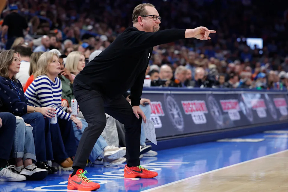 Dec 28, 2025; Oklahoma City, Oklahoma, USA; Philadelphia 76ers head coach Nick Nurse gestures to his team on a play against the Oklahoma City Thunder during the second half at Paycom Center. Mandatory Credit: Alonzo Adams-Imagn Images